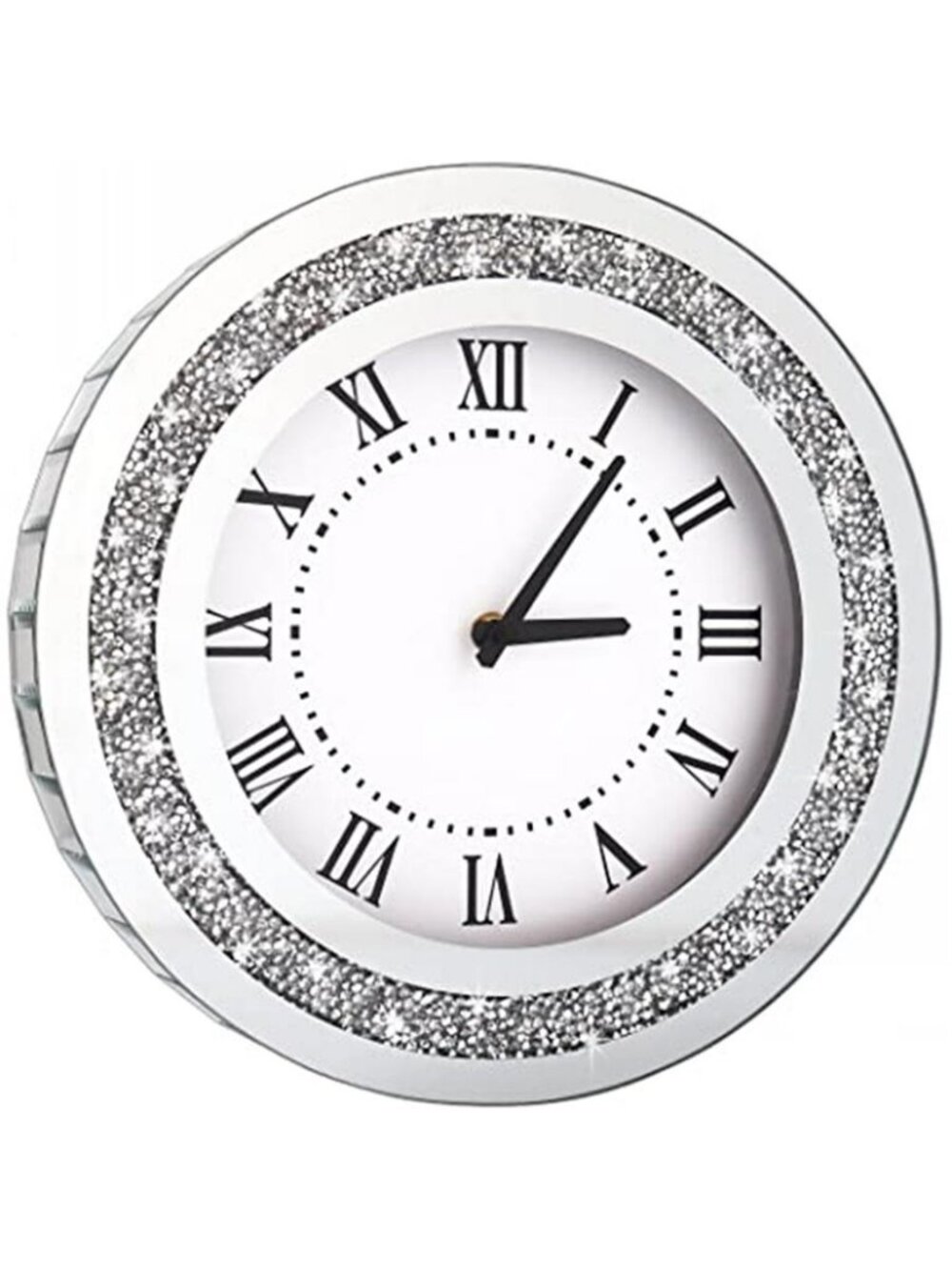 Silver Round Mirror Clock 12inch Crystal Sparkle Twinkle Bling Crush Diamond